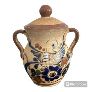Tonala Mexican  Pottery Folk Art With Lid Double Handle Floral Bird Design